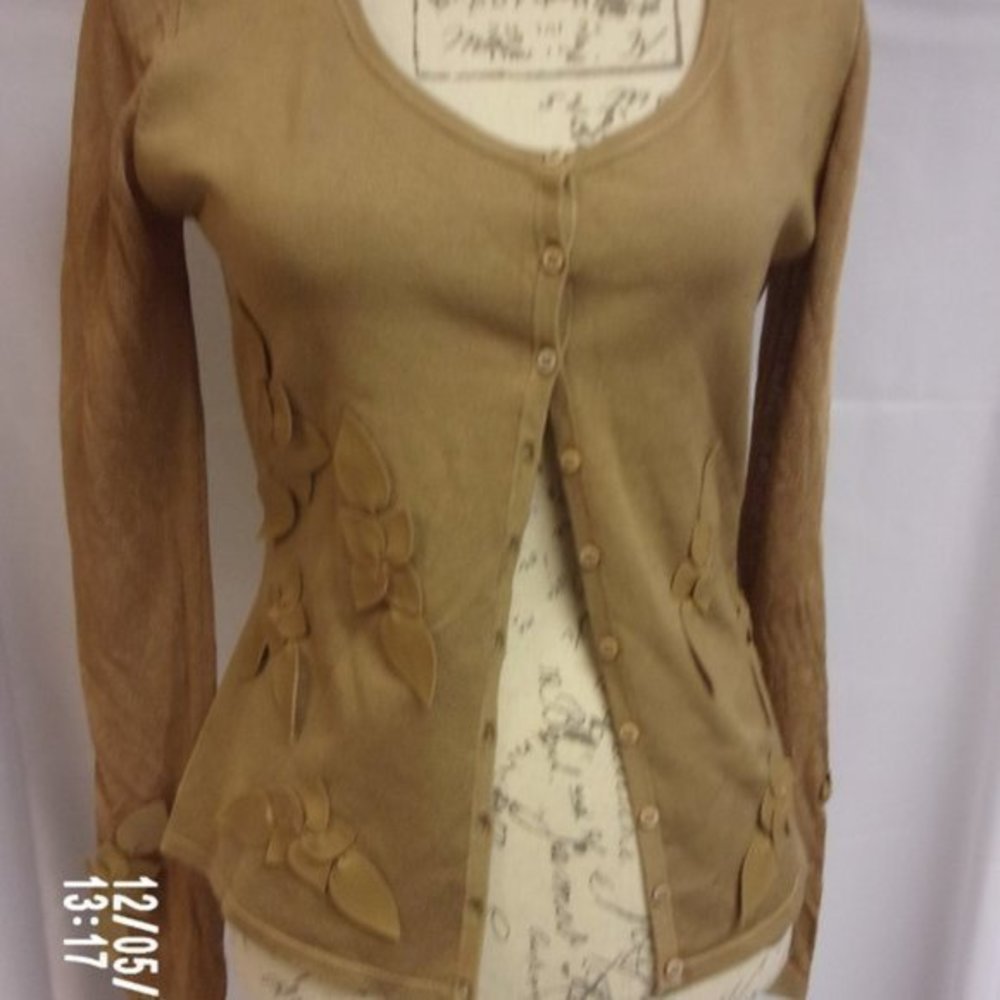 Brown Cardigan with Leather Flower patches by Amelia Austin, Size L